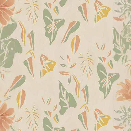 Block Print Foliage Wallpaper, tan and mint