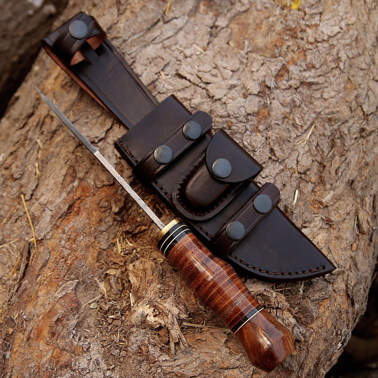 Hawk 11.5" Damascus Hunting Bowie Knife with Stacked Leather Handle