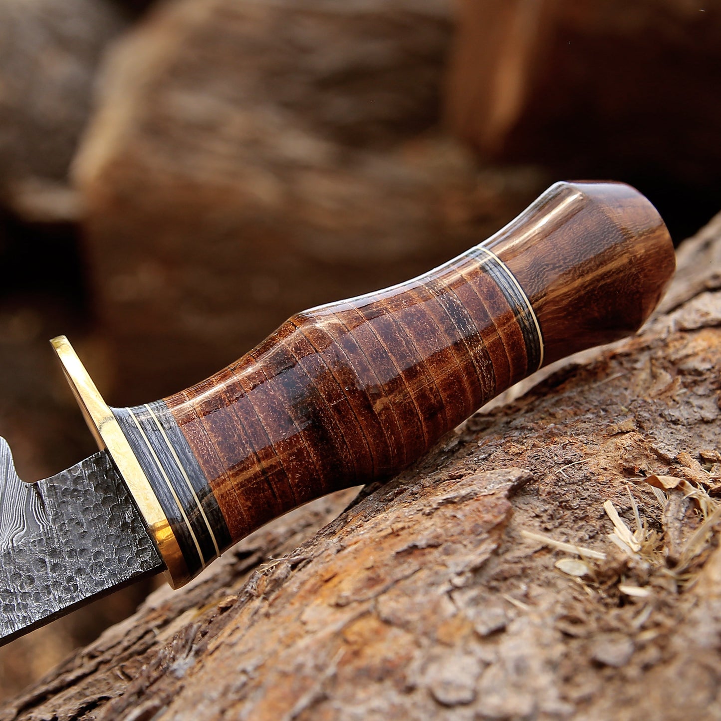 Hawk 11.5" Damascus Hunting Bowie Knife with Stacked Leather Handle