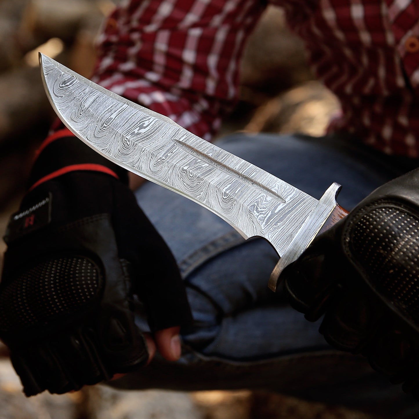 Raider Damascus Steel Bowie Knife with Exotic Rose Wood Handle & Sheath