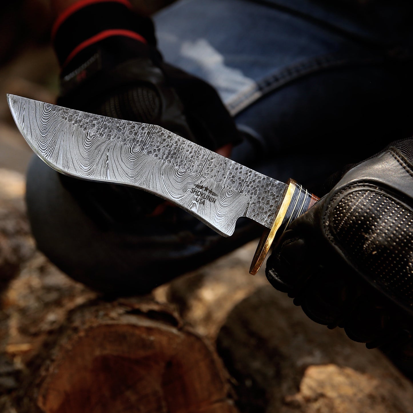 Hawk 11.5" Damascus Hunting Bowie Knife with Stacked Leather Handle