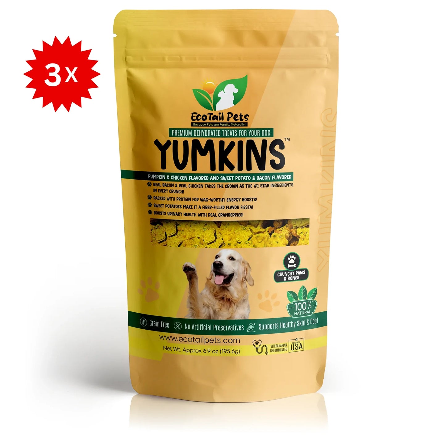 𝗦𝗨𝗕𝗦𝗖𝗥𝗜𝗣𝗧𝗜𝗢𝗡 • Yumkins™: 3 x (6.9oz) Pumpkin & Chicken Flavored Paws and Sweet Potato & Bacon Flavored Bones - Bundle