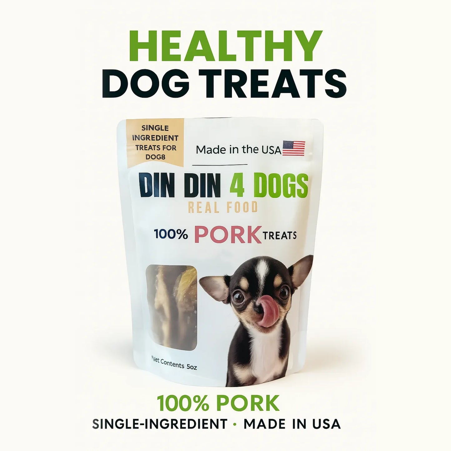 100% Pork Dog Treats, 5 Ounce Bag, Single Ingredient, High Protein