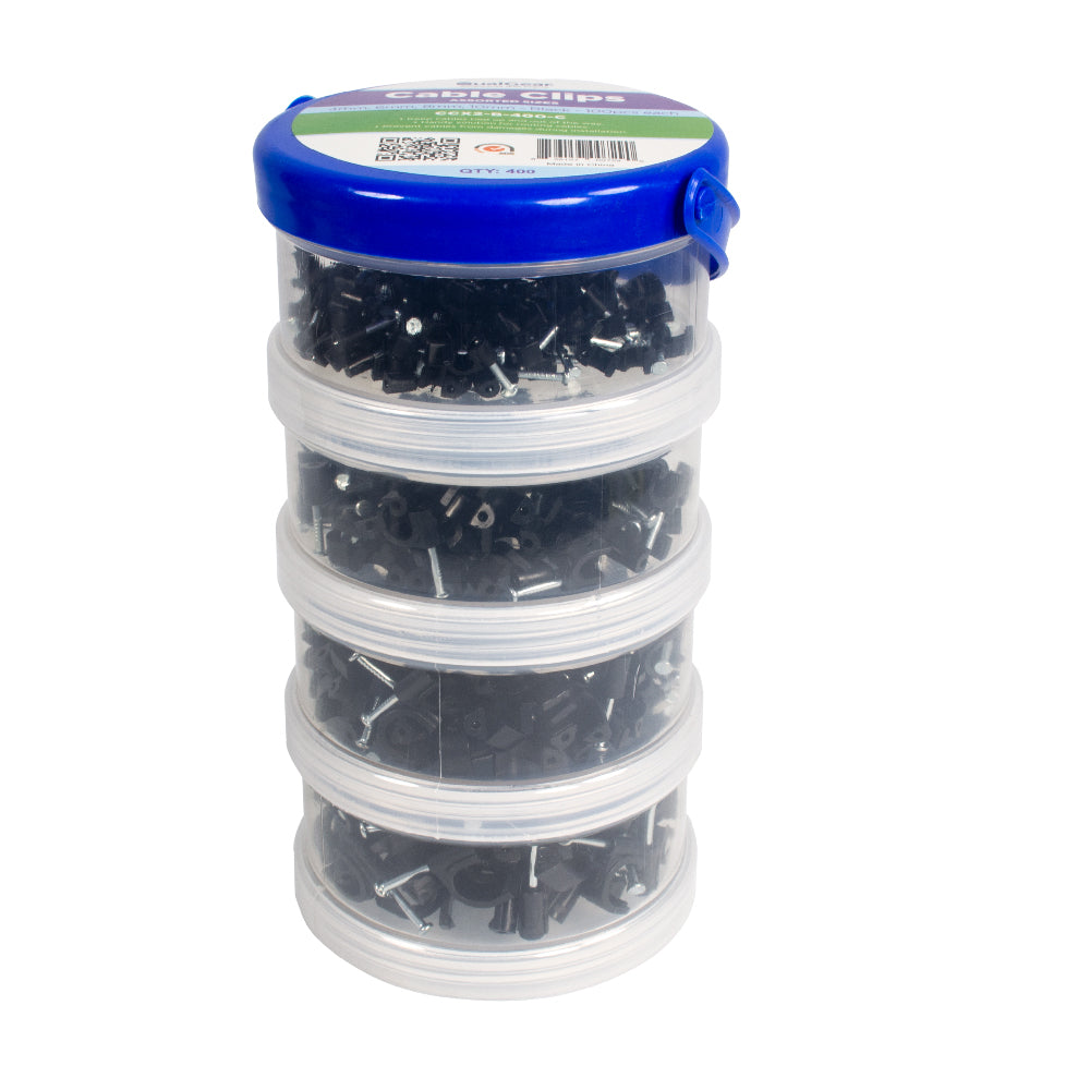 QualGear 4mm 6mm 8mm 10mm Cable Clips, Black, 400 Pack, Canister, CCX2-B-400-C