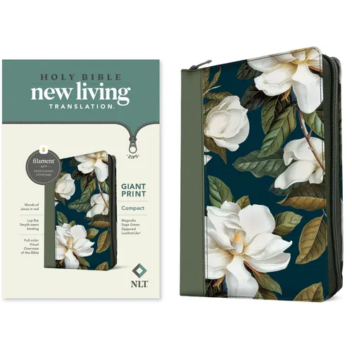 NLT Compact Giant Print Zipper Bible, Filament Enabled (Leatherlike, Magnolia Sage Green, Red Letter)