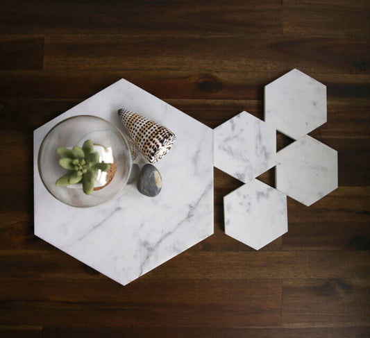 Marble 4" Hexagon Coasters Semi-polished set of 4