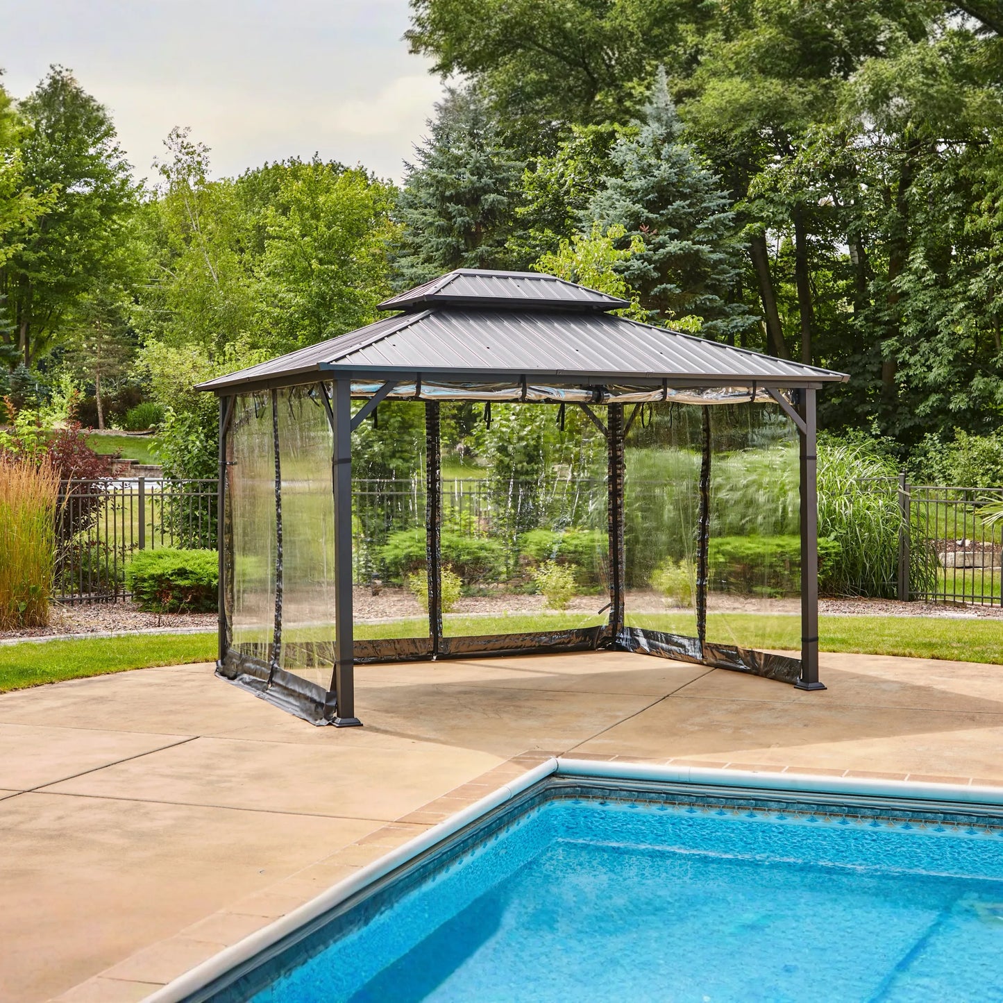 Shade N' Shelters 12' x 14' Duncan Hardtop Gazebo - Clear View Siding with Hooks