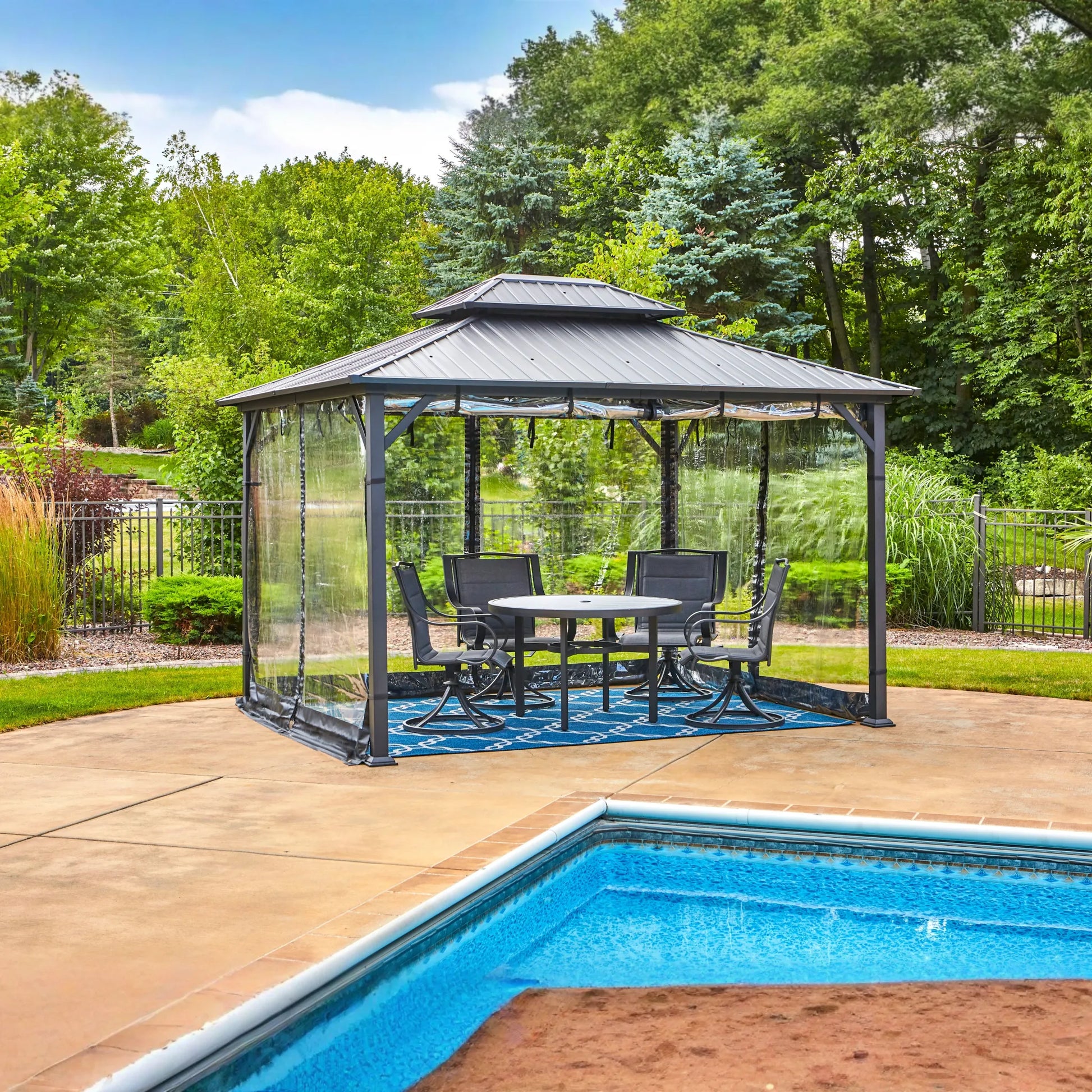 Shade N' Shelters 12' x 14' Duncan Hardtop Gazebo - Clear View Siding with Hooks