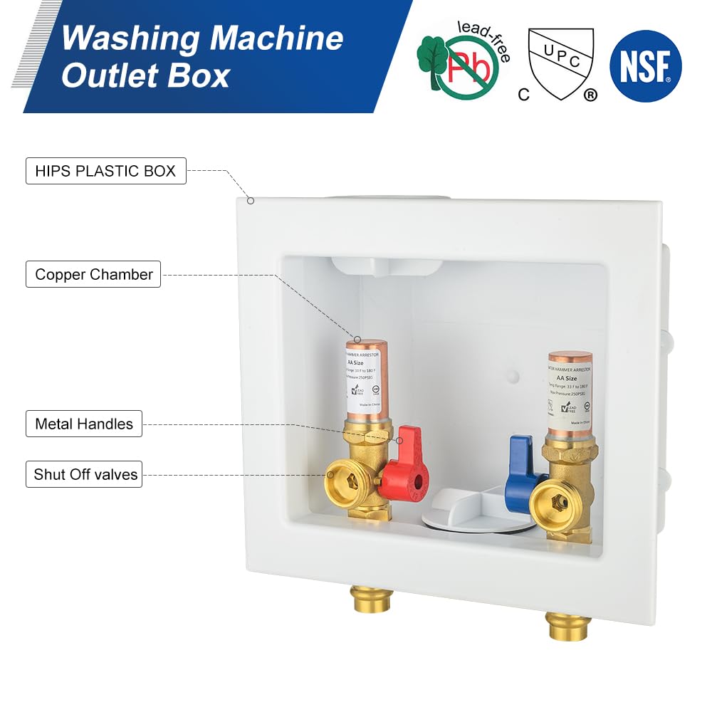 1/2" Copper Press Inlet, Washing Machine Outlet Box, with Copper Water Hammer Arrestor, Center Drain