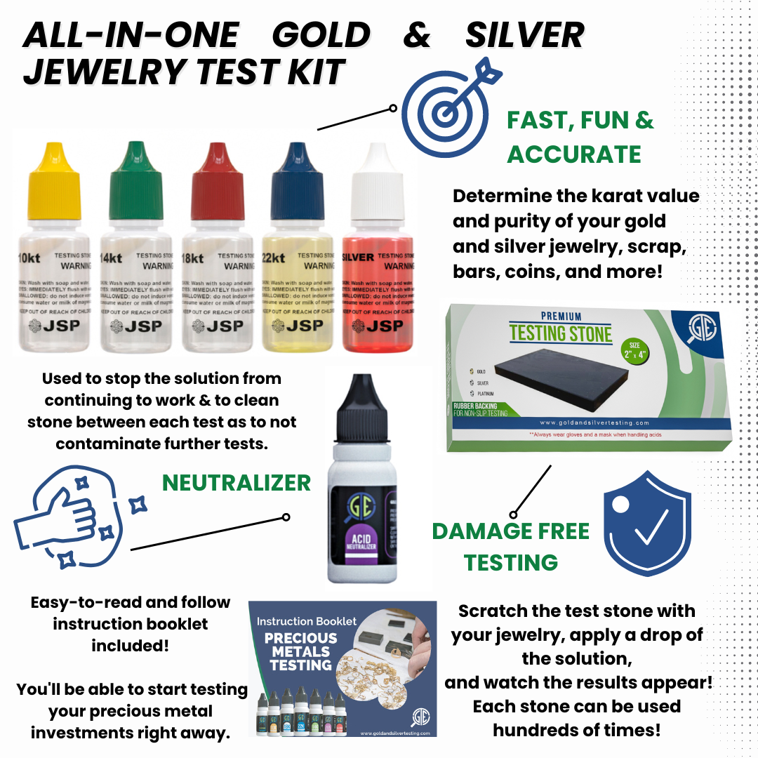 Gold Silver Jewelry Tester Appraisal Kit 10K 14K 18K 22K 24K Test Precious Metals 999 925 Scrap