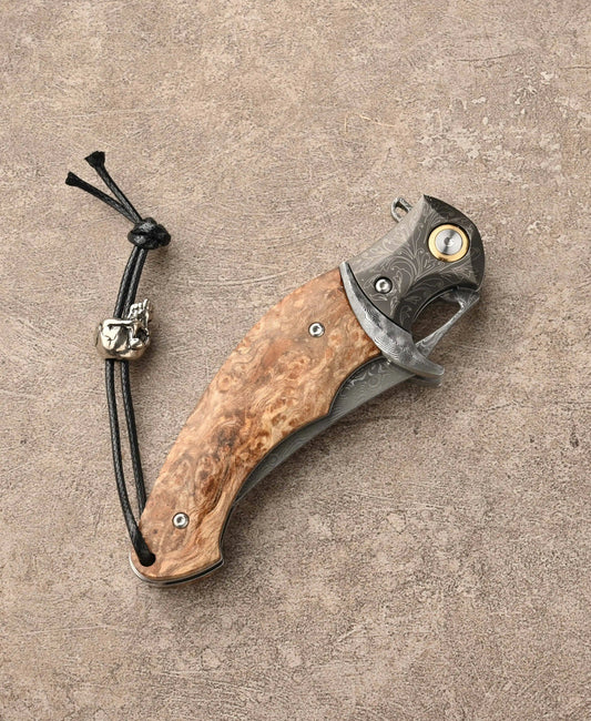 Crest Japanese Damascus Pocket knife with Maple Burl Handle