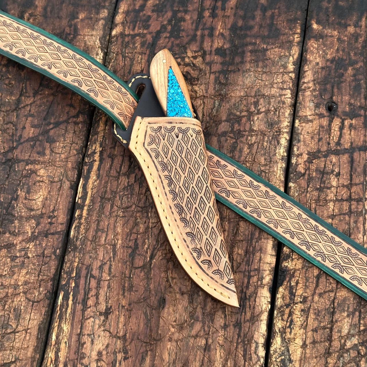 Canyon Damascus Skinner Knife with Hand tooled Sheath & Belt