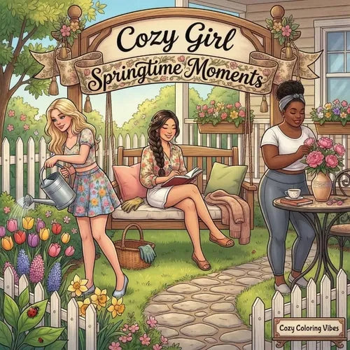 Cozy Girl Springtime Moments: Cute & Fun Relaxing Bold Line Adult Activity Coloring Book Aesthetic Comfy Hygge Scenes, Floral Meadow Walks, Peaceful G
