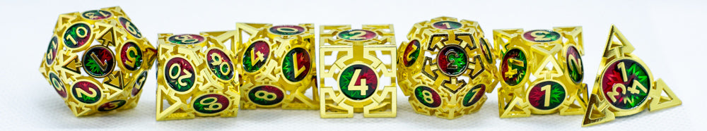 Gold w/Red-Green Deadly Arrow Dice | 7-Dice RPG Set High Visibility