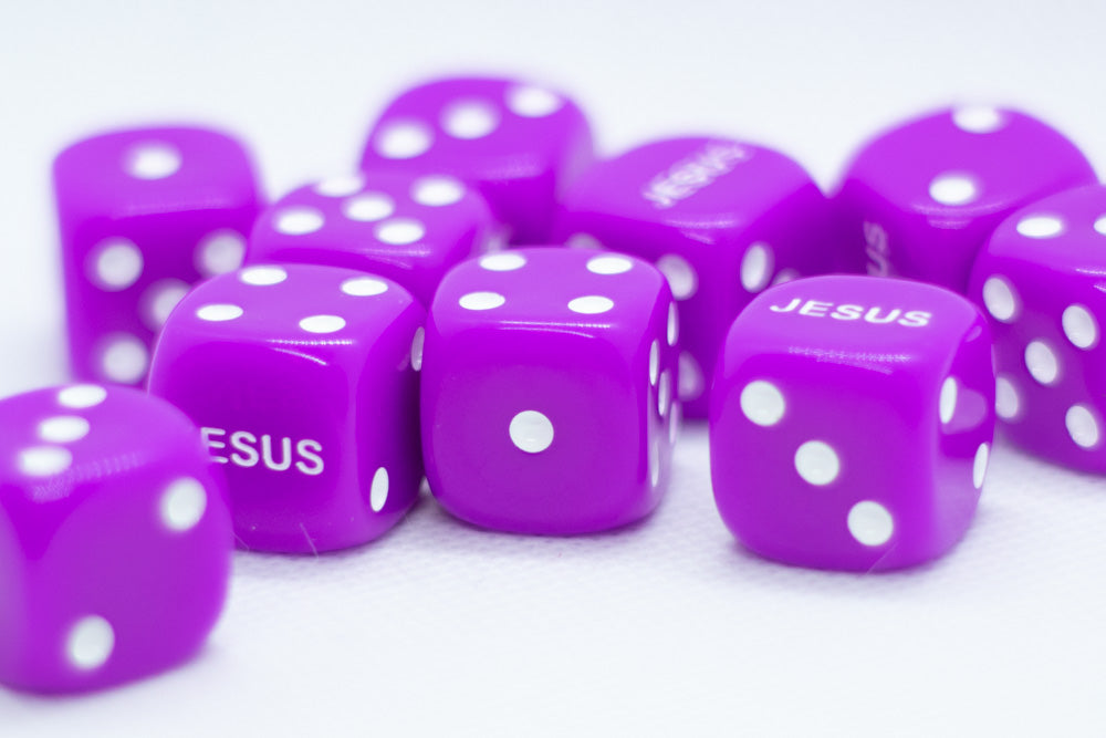 10-Pack Purple 16mm d6 Dice Featuring 'JESUS' on the 6 side