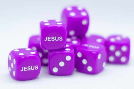 10-Pack Purple 16mm d6 Dice Featuring 'JESUS' on the 6 side