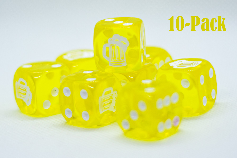10-Pack Clear Yellow w/White 16mm d6 Dice Featuring a White Mug on the '1' side