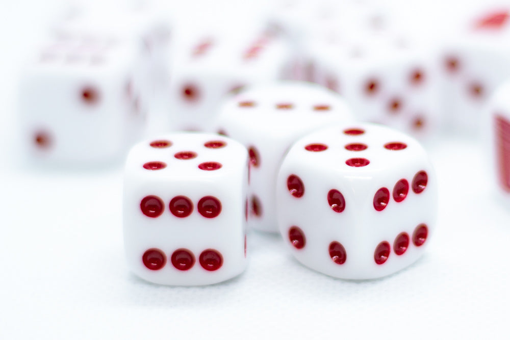 10-Pack Opaque White w/Red 16mm d6 Dice Featuring a Red Cup on the '1' side