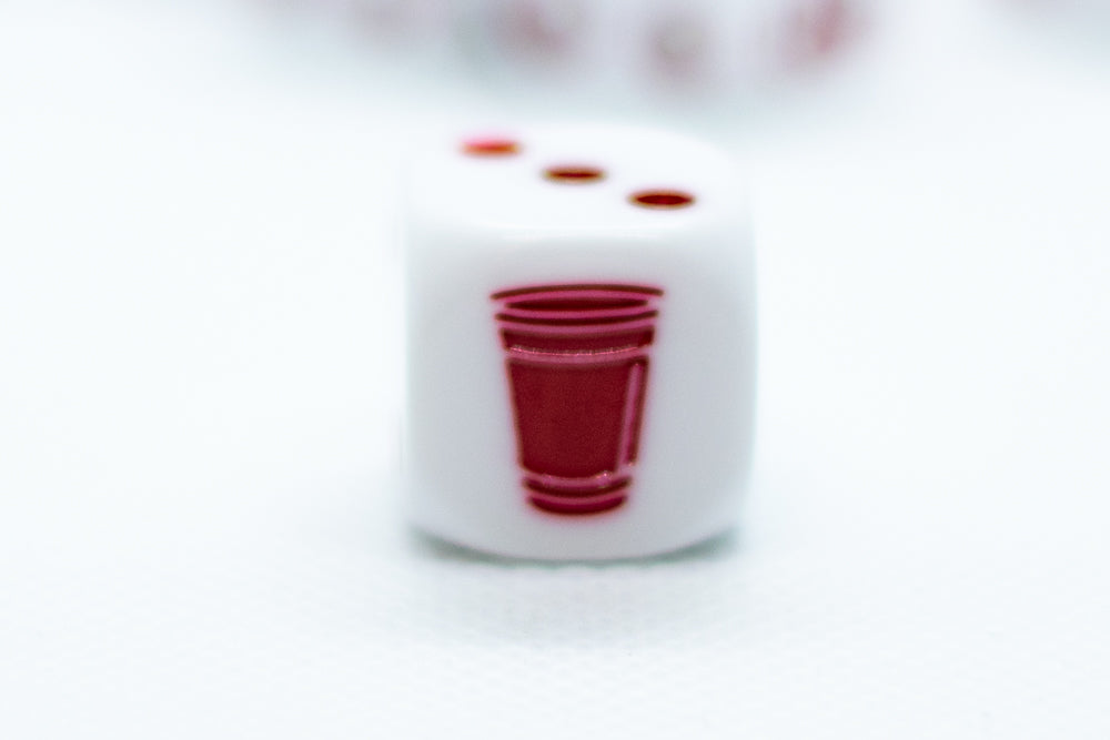 10-Pack Opaque White w/Red 16mm d6 Dice Featuring a Red Cup on the '1' side