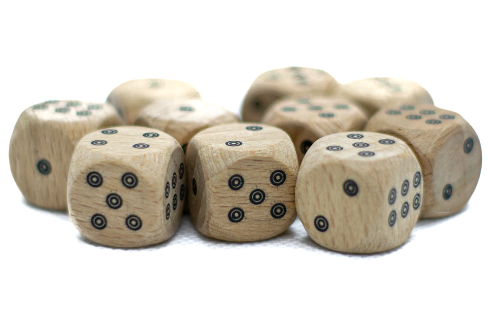 10-Pack Birds-Eye Wooden 16mm d6 Dice w/ Black Dots Rounded Corners - Wood Dice