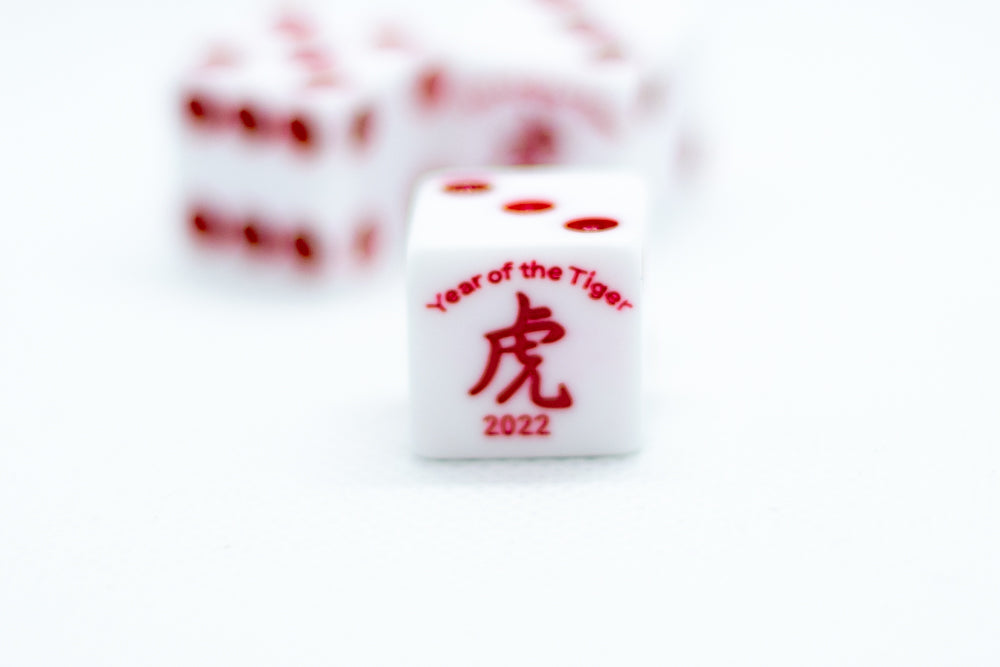 10-Pack Year of the Tiger Opaque White w/Red 16mm d6 Dice on the '1' side