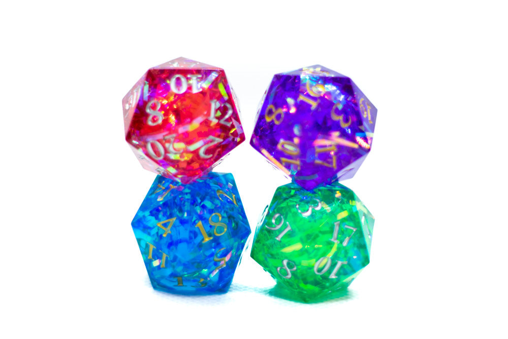 Red/Blue/Green/Purple Sharp Edge Resin d20 w/ Shimmer Insert