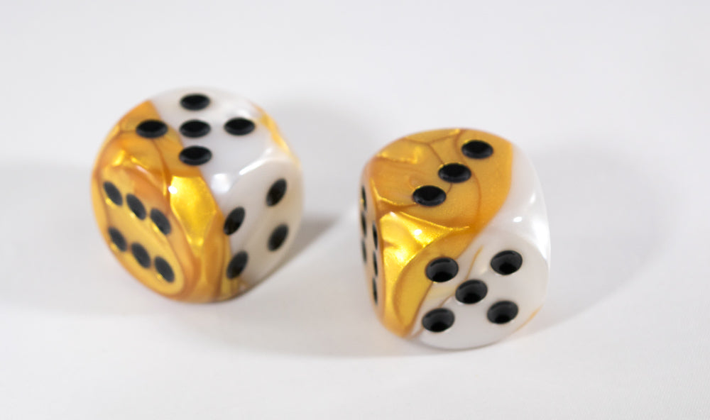 (1) OOP Rare 30mm Gemini Gold and White Dice RPG DnD with Black Pips by Chessex Out of Print (Sold per die)