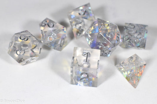 Pirates Crystal Sharp Edge Resin 7-Dice Set | Gold or Silver Ink (Clear)