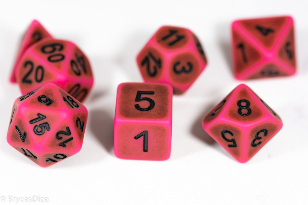 "Used Eraser" Pink w/Green Ancient Effect 7-Dice Set