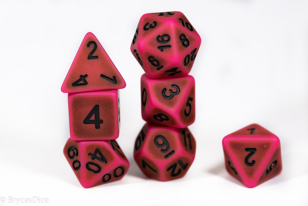"Used Eraser" Pink w/Green Ancient Effect 7-Dice Set