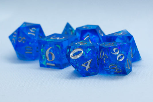 Water Sharp Resin 7-Dice RPG DND Set (w/Silver Numbers) B-Grade