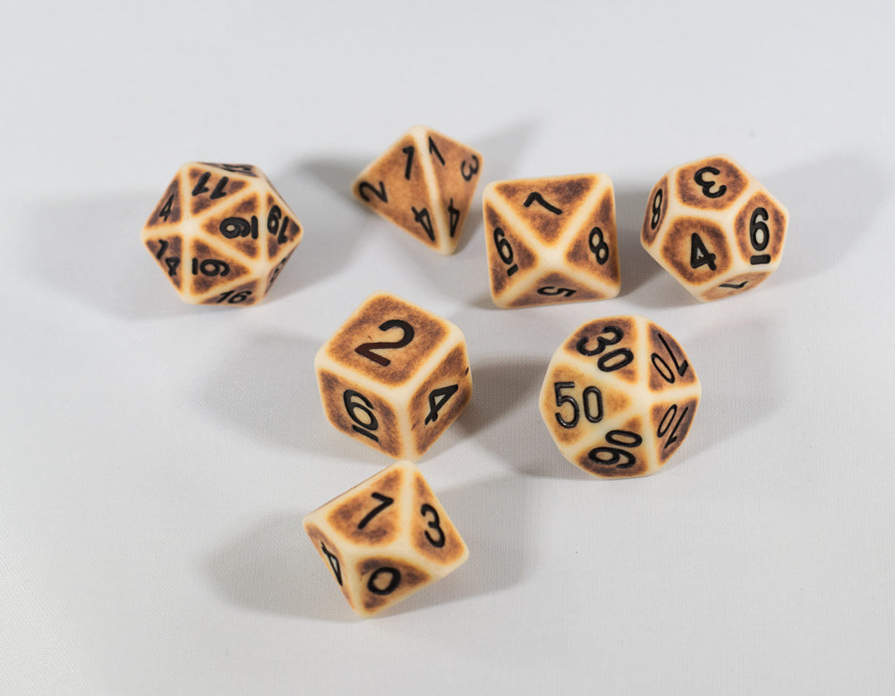 Ancient Tan with Faux Brown Wearing Poly Dice Set (7) Tan Acrylic Black Numbers HDdice