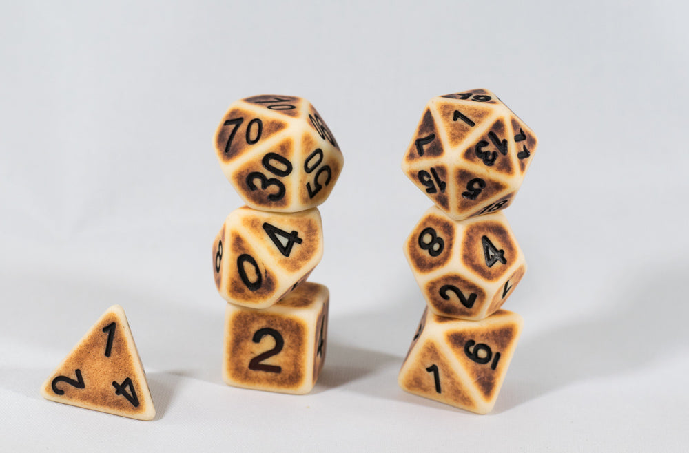 Ancient Tan with Faux Brown Wearing Poly Dice Set (7) Tan Acrylic Black Numbers HDdice