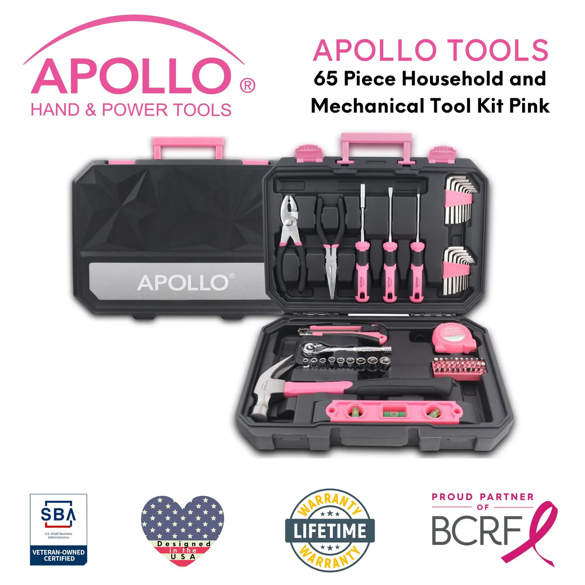 Essential 65-Piece Pink Tool Set with Socket Set and Most-Used Tools for Do it Yourself Repairs and Maintenance - DT0001P - 🆕 New Arrivals, All Products, Products from Apollo Tools, 🛠️ Tools + Hardware - Little Red General Store