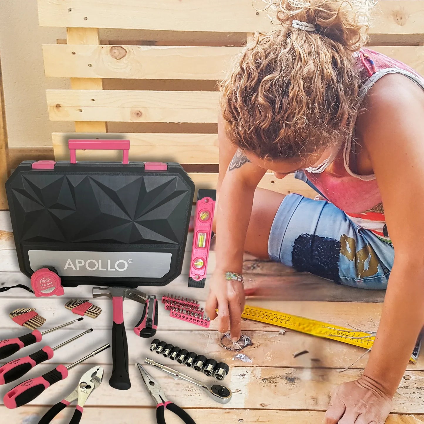 Essential 65-Piece Pink Tool Set with Socket Set and Most-Used Tools for Do it Yourself Repairs and Maintenance - DT0001P