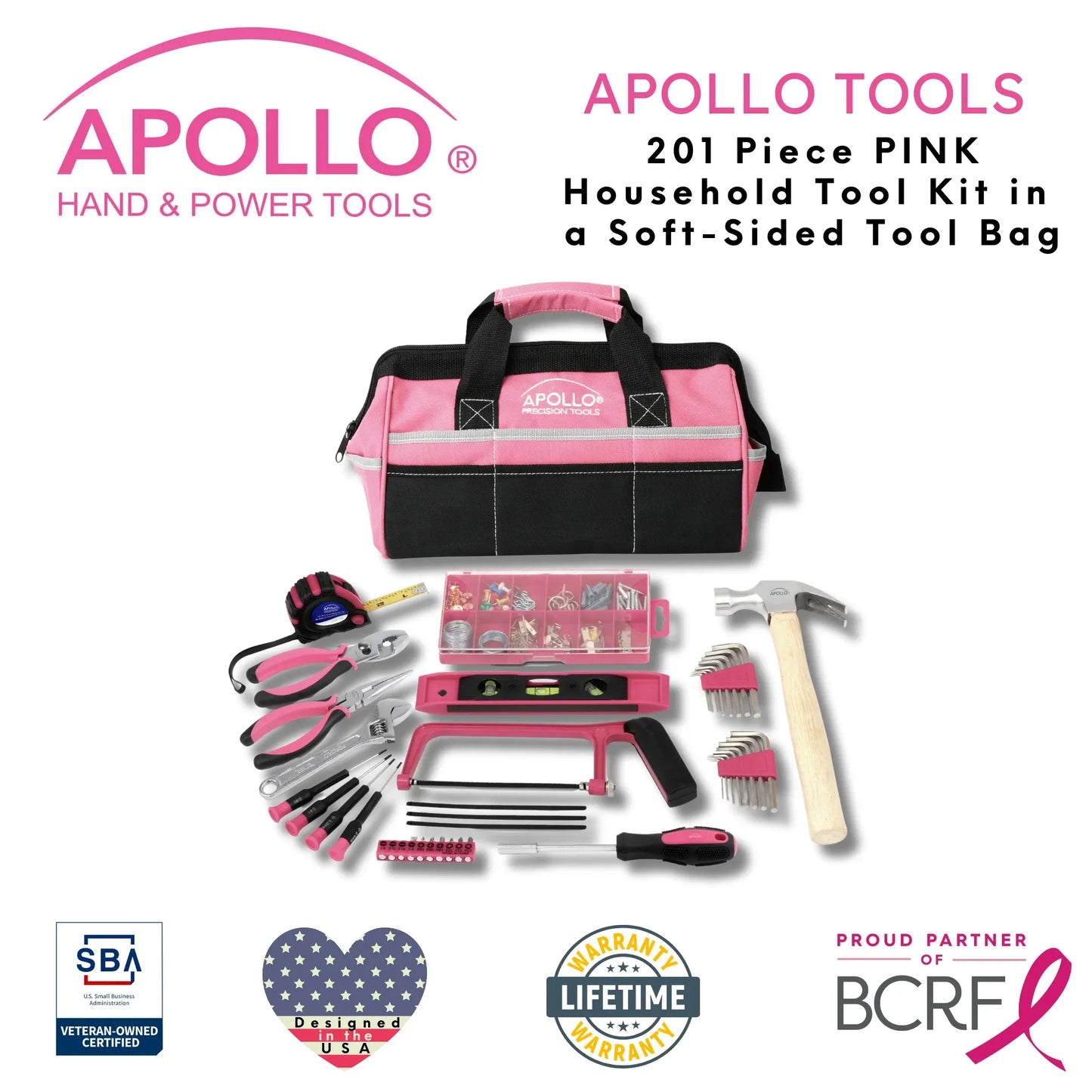 201 Piece Household Tool Kit in a Soft-Sided Tool Bag Pink - DT0020P