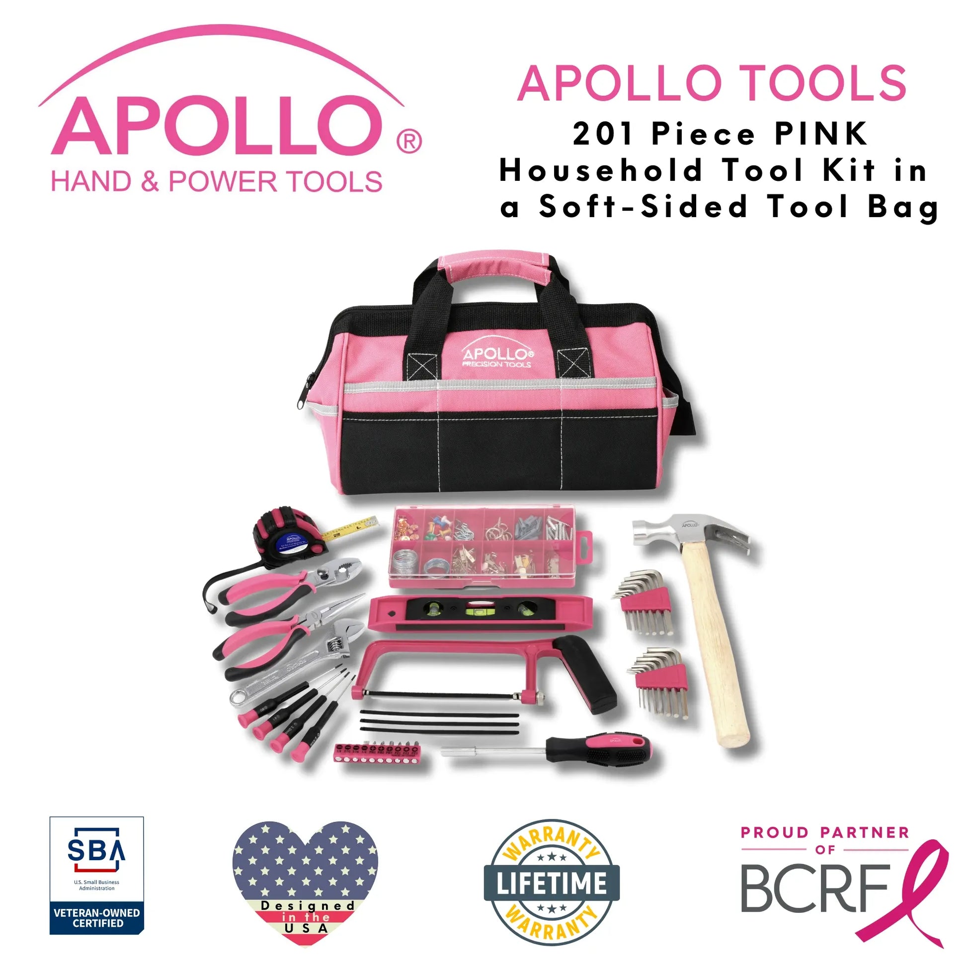 201 Piece Household Tool Kit in a Soft-Sided Tool Bag Pink - DT0020P