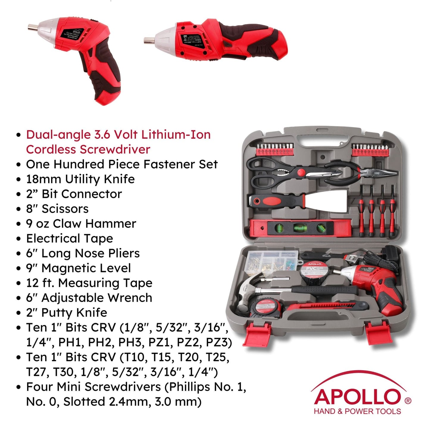 135 Piece Household Tool Set with Pivoting Dual-Angle 3.6 Volt Lithium-Ion Cordless Screwdriver - DT0773