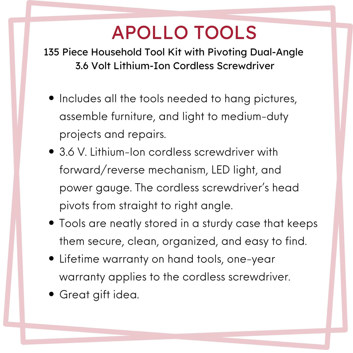 135 Piece Household Tool Set with Pivoting Dual-Angle 3.6 Volt Lithium-Ion Cordless Screwdriver - DT0773