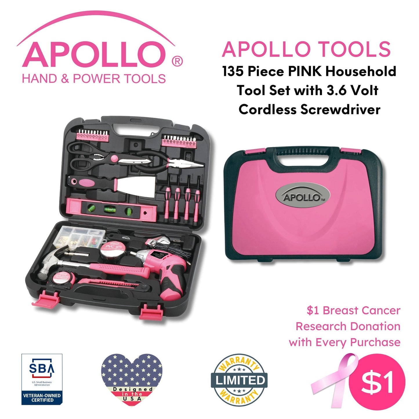 135 Piece Household Tool Kit Pink with Pivoting Dual-Angle 3.6 Volt Lithium-Ion Cordless Screwdriver - DT0773N1