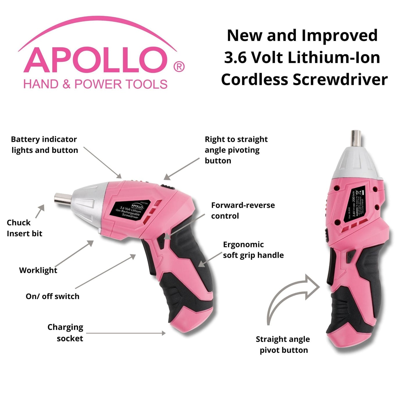 New and Improved 135 Piece Pink Household Tool Set with Pivoting Dual-Angle 3.6 Volt Lithium-Ion Cordless Screwdriver in Hard Case - DT0774P