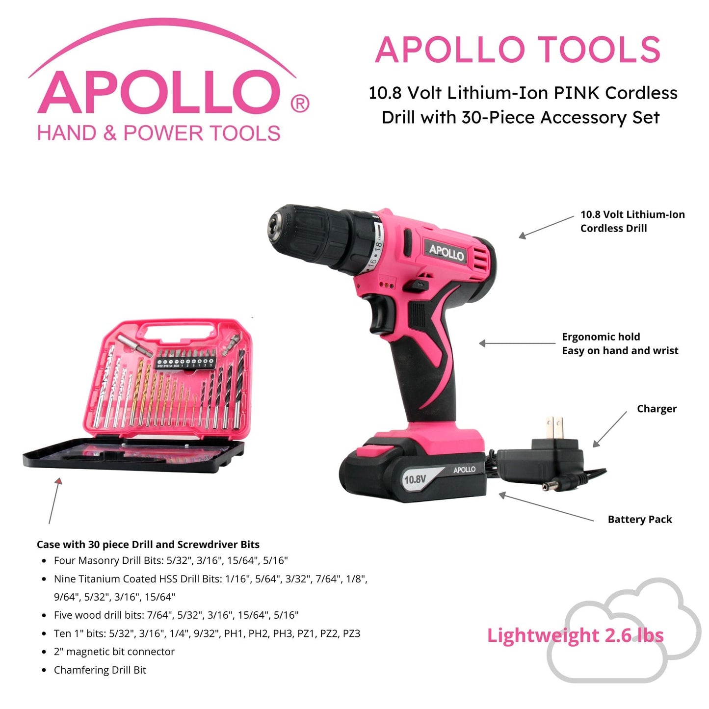 10.8 Volt Lithium-Ion Cordless Drill with 30 Piece Accessory Set PINK - DT4937P