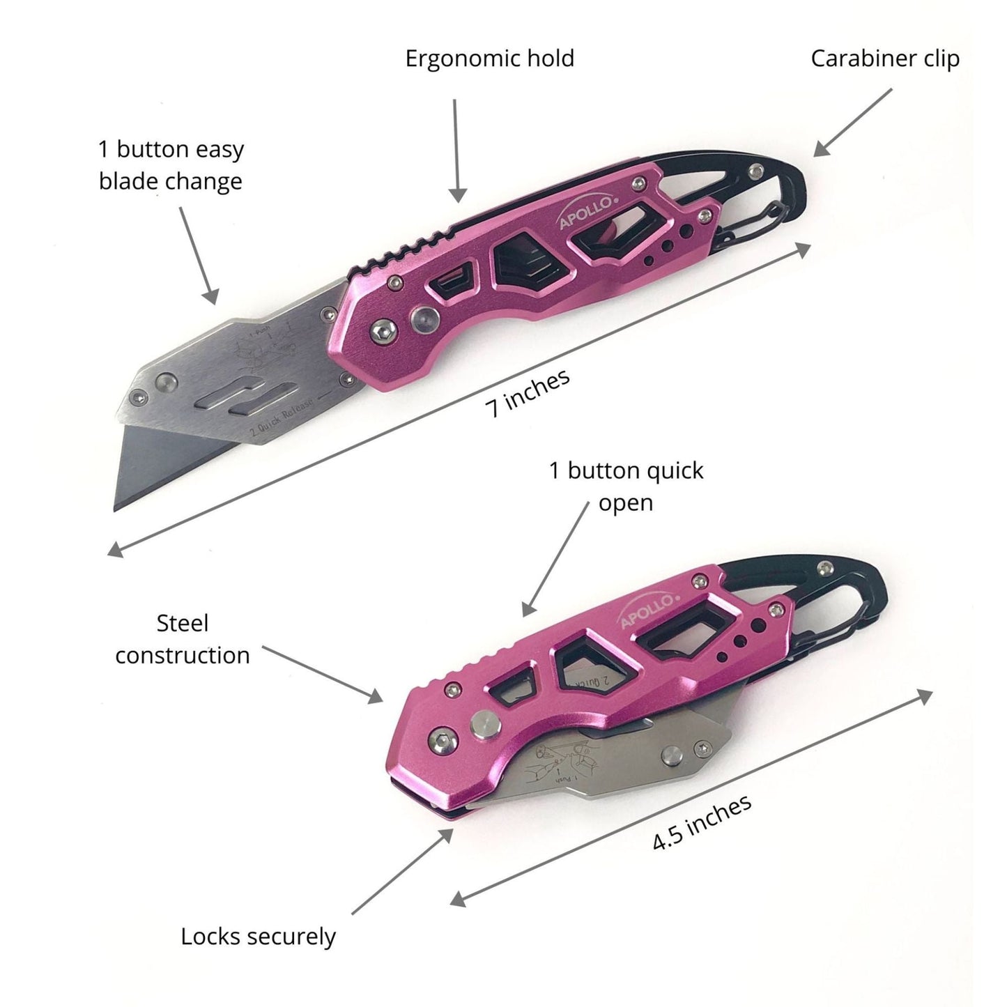 Ergonomic Stainless Steel, Lightweight, Foldable Pink Utility Knife with Carabiner Clip and Fast-Change Blade - DT5017P