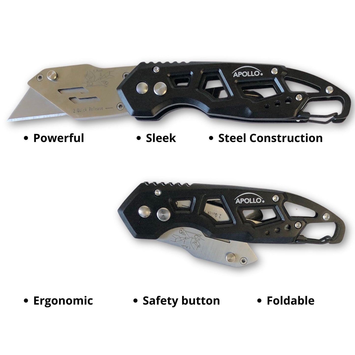 Ergonomic Stainless Steel, Lightweight, Foldable Black Utility Knife with Carabiner Clip and Fast-Change Blade - DT5017
