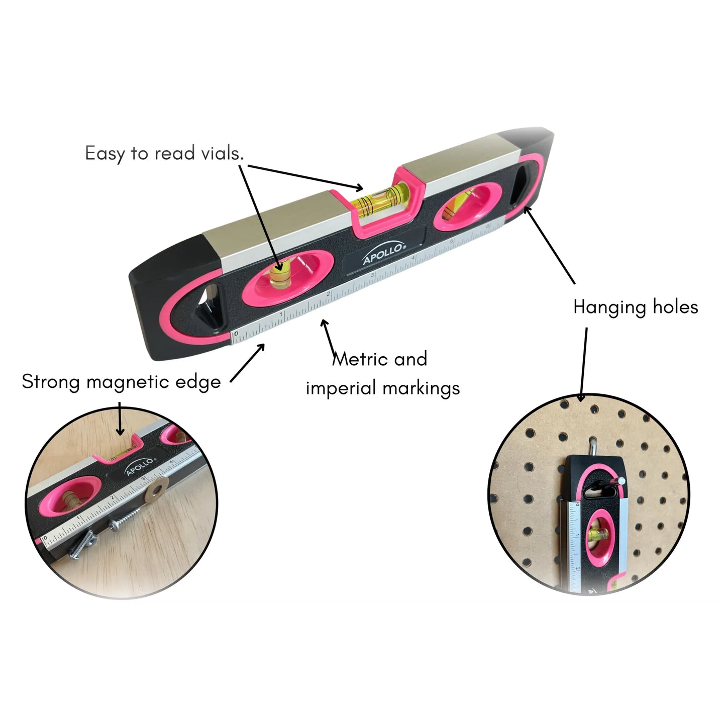 PINK 9-inch torpedo-shaped spirit level for 180/90/45 degrees leveling--  DT5019P
