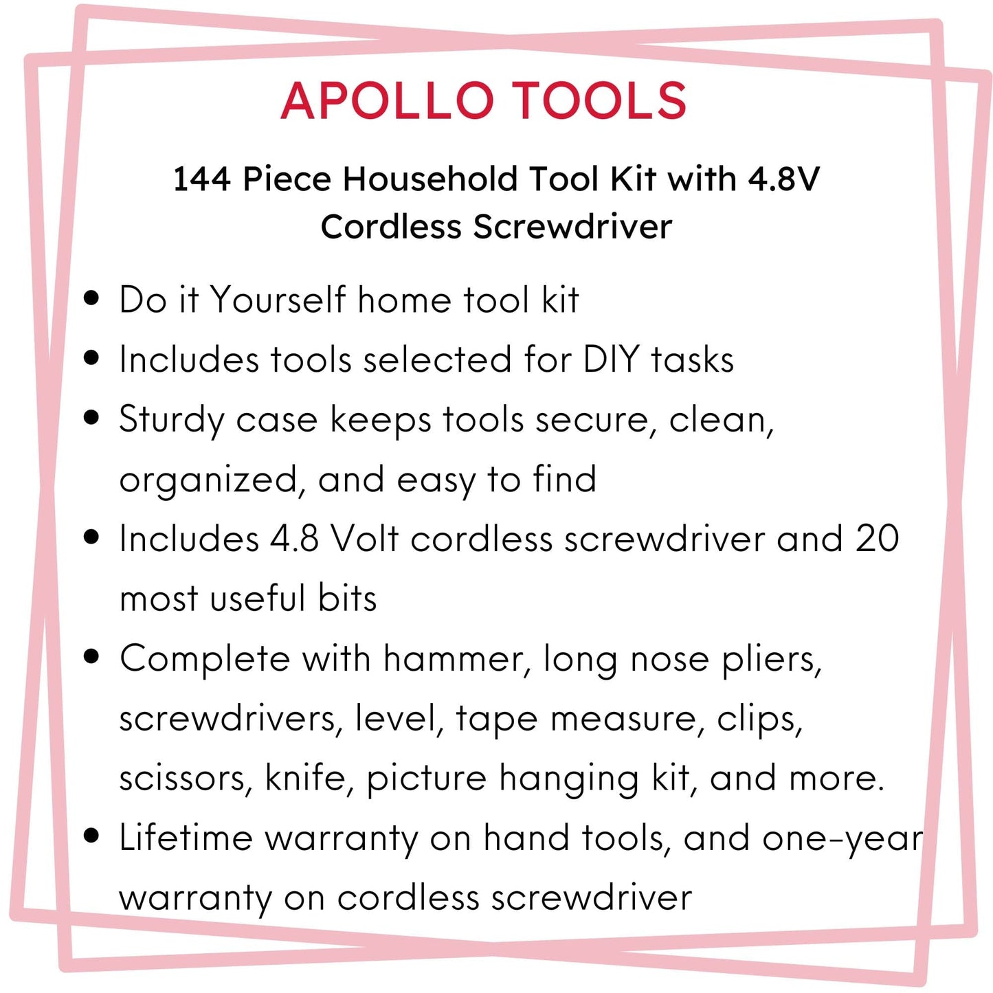 144 Piece Household Tool Kit with 4.8V Cordless Screwdriver - DT8422