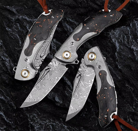 Kronos Gentleman's Damascus Pocket Knife with Damascus & Carbon Fiber Handle