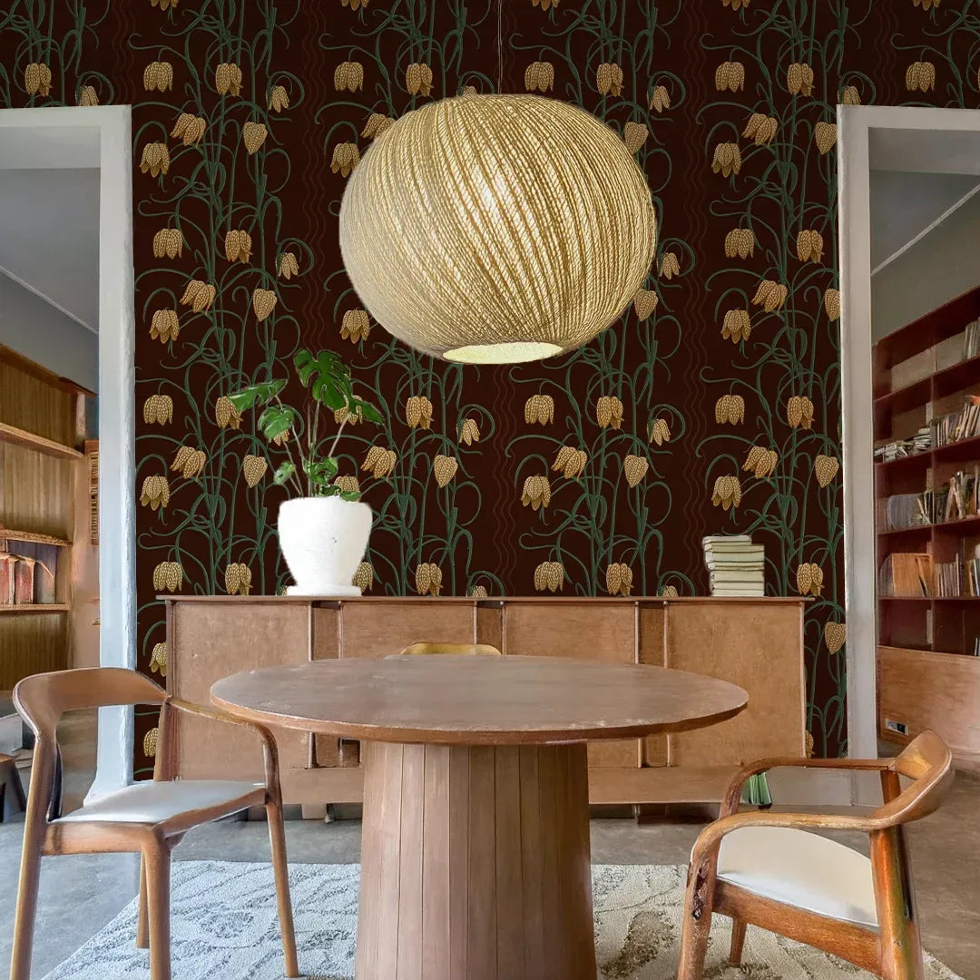 Campanas Wallpaper, chocolate and goldenrod