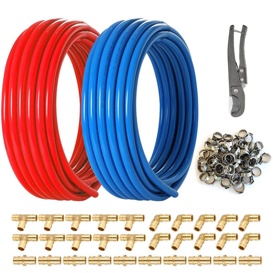 1/2" 2 x100ft, 200ft PEX-B Tubing (Blue & Red), 1/2" Barb Crimp Brass Fittings (30 PCS), Cinch Clamps (100 PCS)