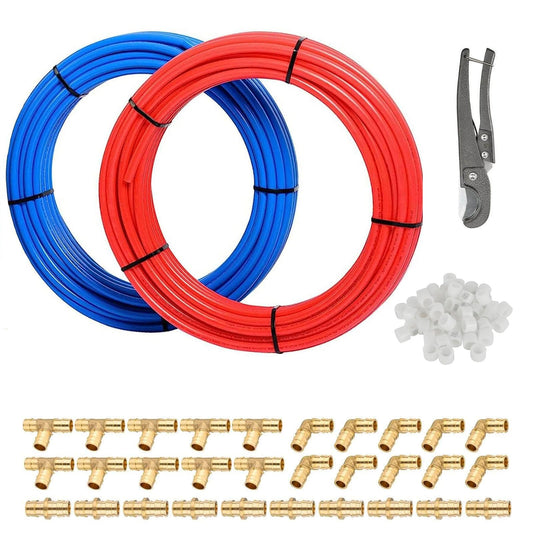 1/2" 2 x100ft, 200ft PEX-A Tubing (Blue & Red), 1/2" Brass Expansion Elbow & Tee & Coupler (30 PCS), 1/2" Expansion Rings (100 PCS), Pipe Cutter (1/2" )
